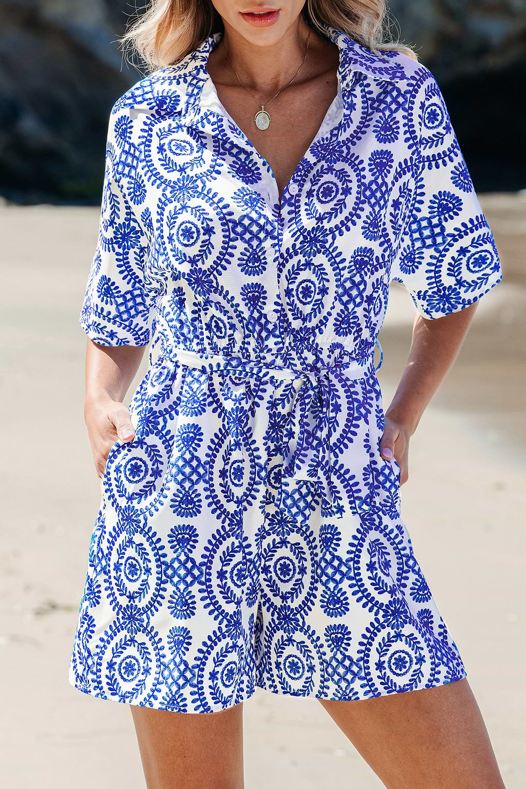 Belted Ornate Print Romper