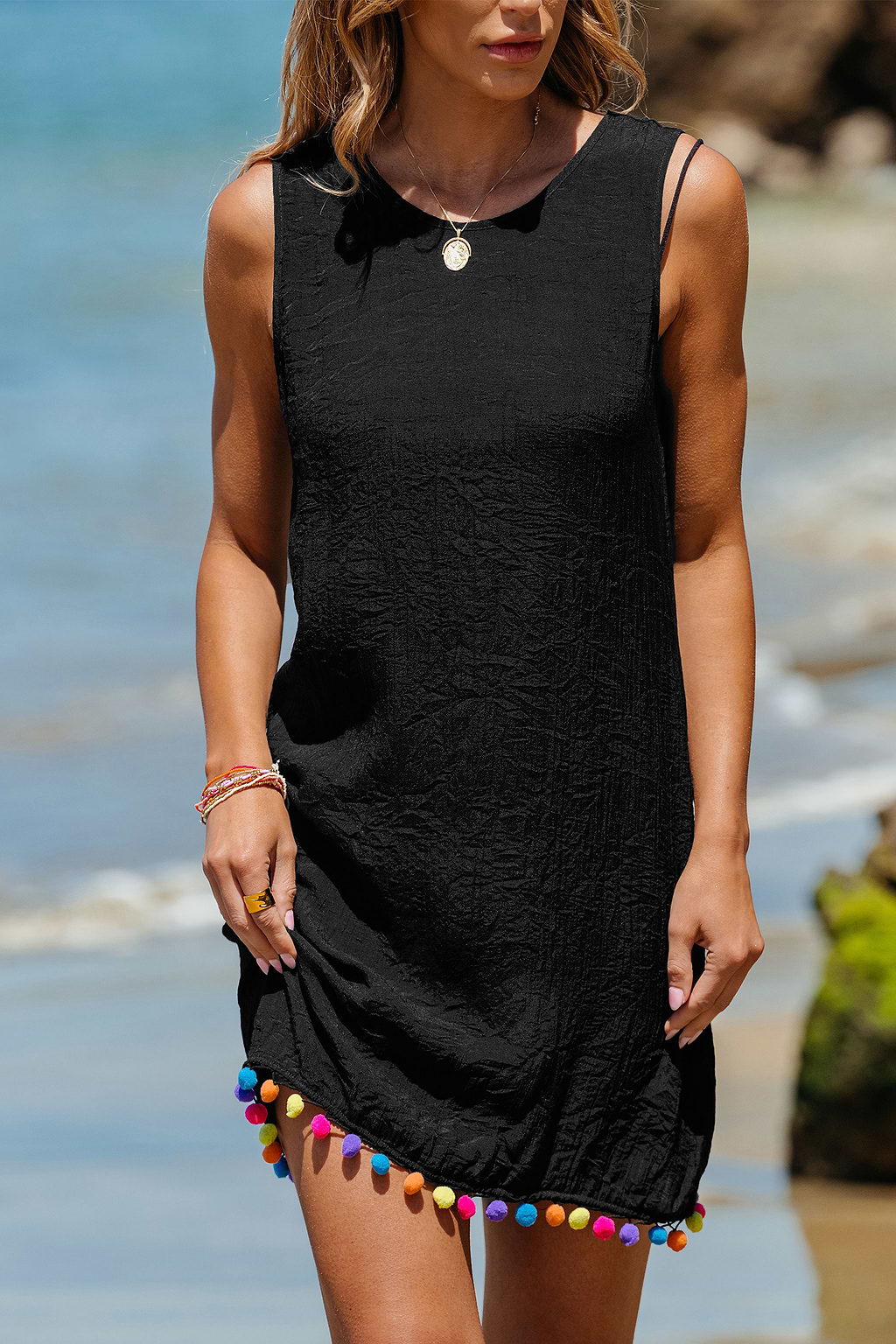 Black Pom Pom Cover-Up Dress