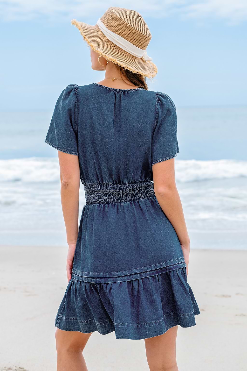 Cotton Split Round Neck Short Sleeve Mini Dress