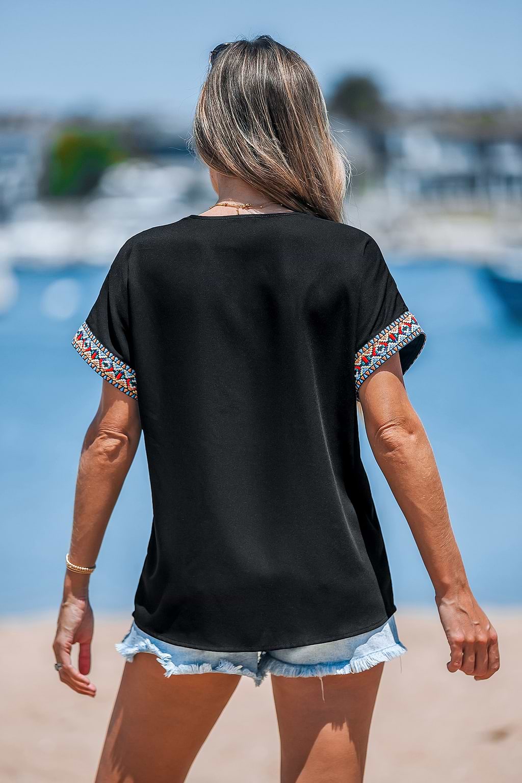 Black Jersey Decorative Trim V-Neck Top