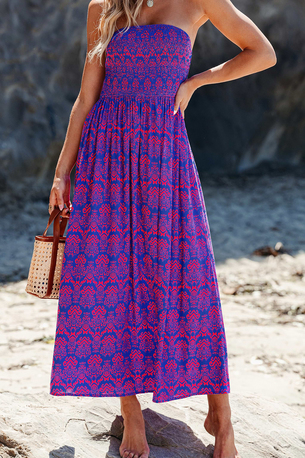 Boho Smocked Bodice Maxi Tube Dress