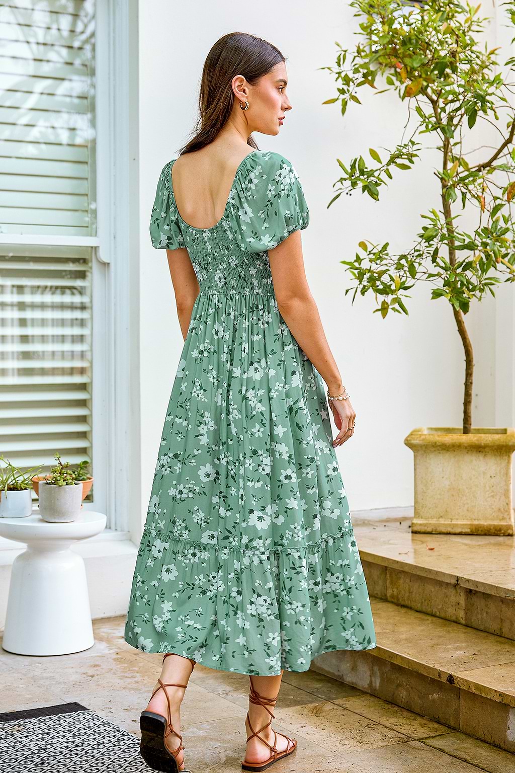 Green Floral Sweetheart Puff Sleeve Midi Dress