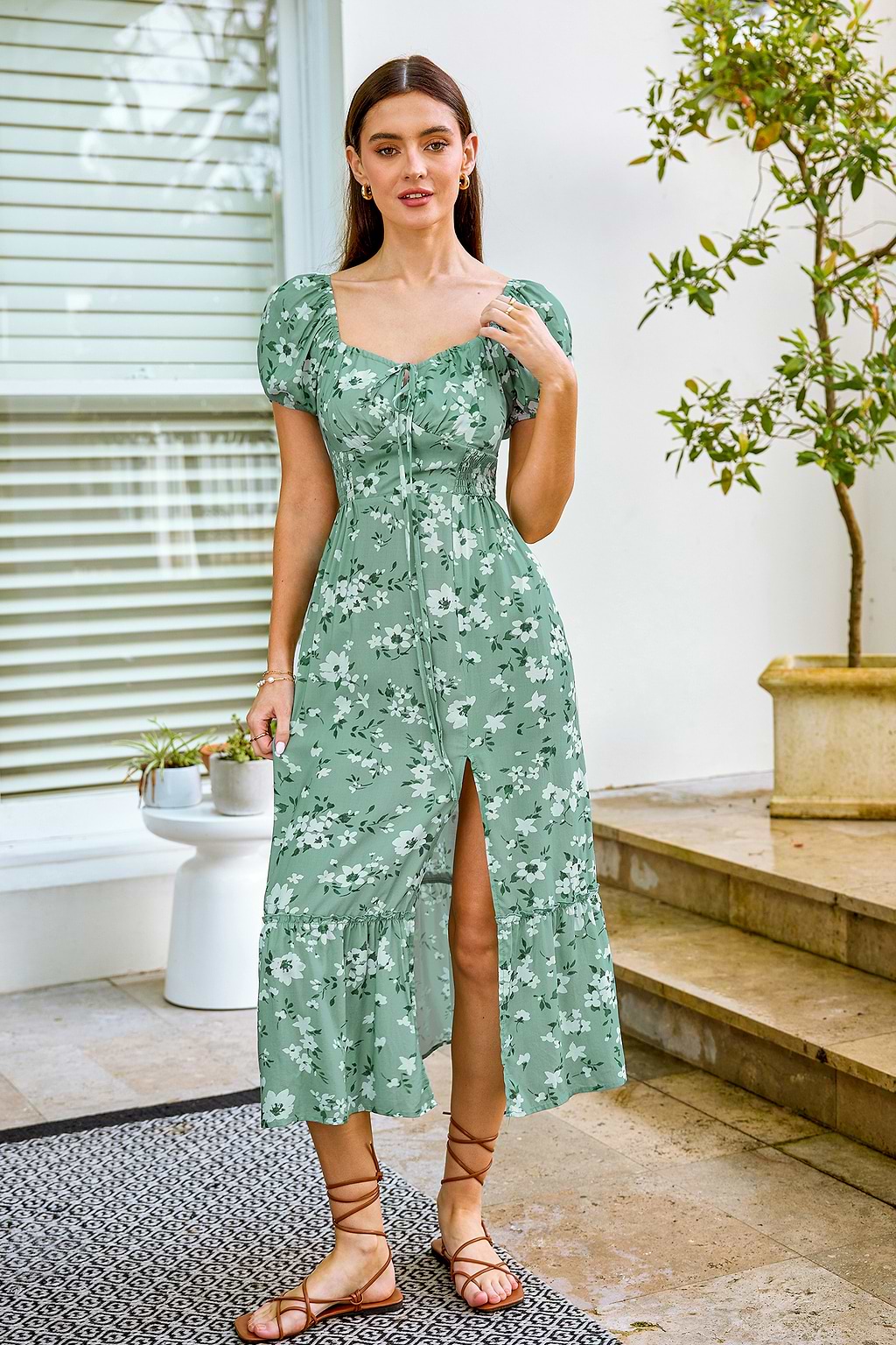 Green Floral Sweetheart Puff Sleeve Midi Dress