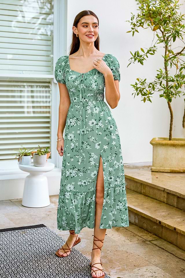 Green Floral Sweetheart Puff Sleeve Midi Dress Green Floral Sweetheart Puff Sleeve Midi Dress
