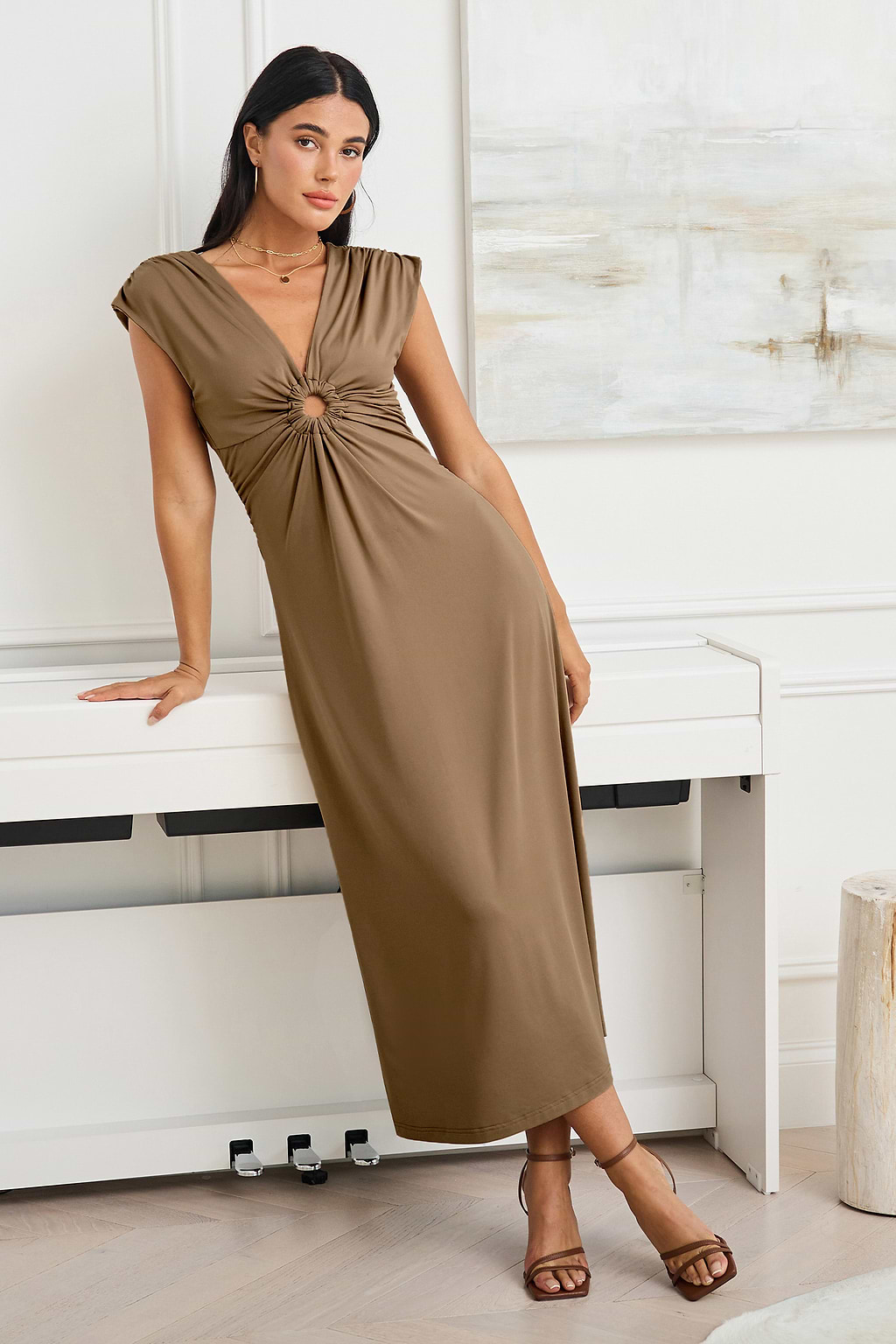 Camel Sleeveless Plunging O-Ring Midi Jersey Dress