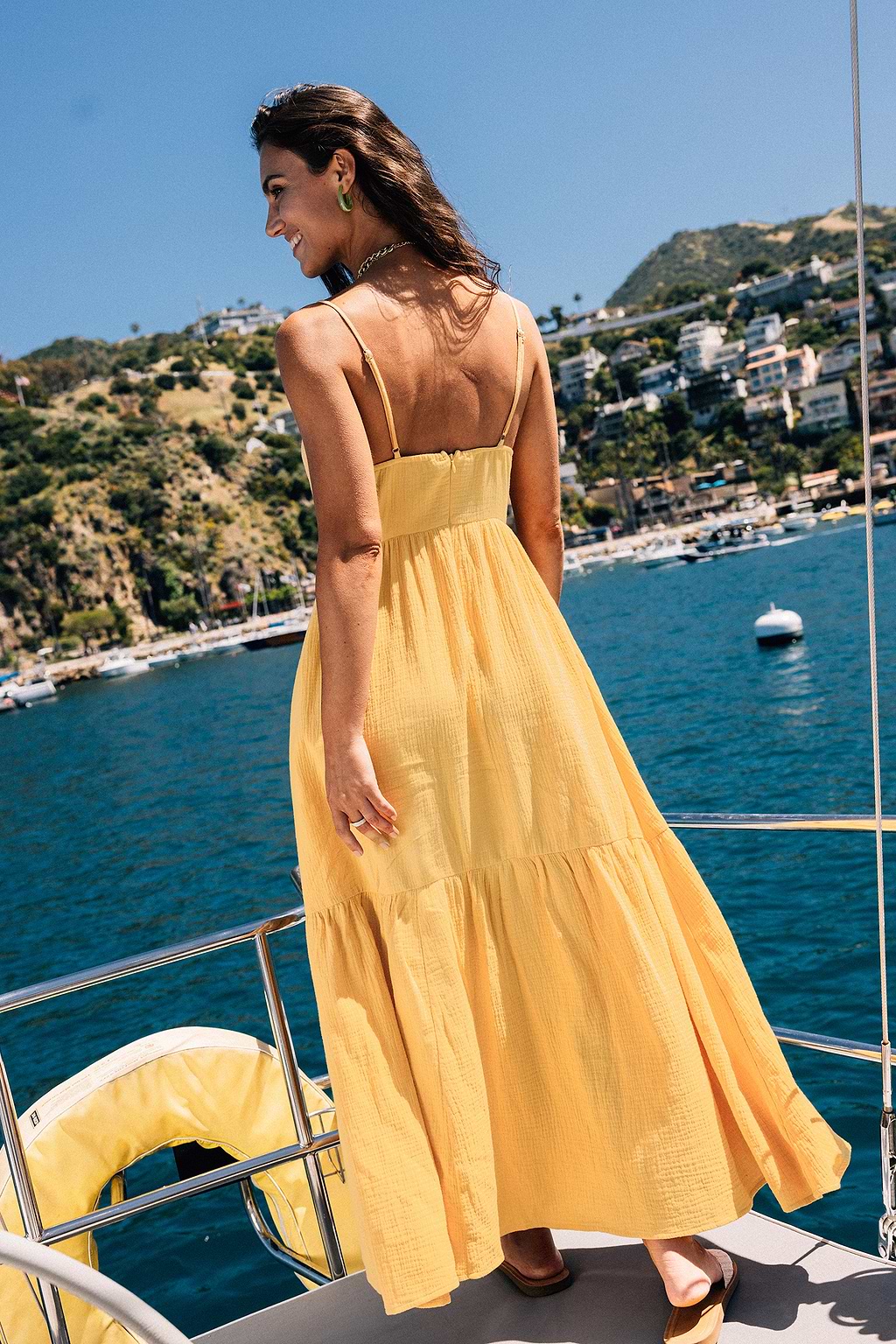 Robe maxi en pur coton à col rond et bretelles jaune