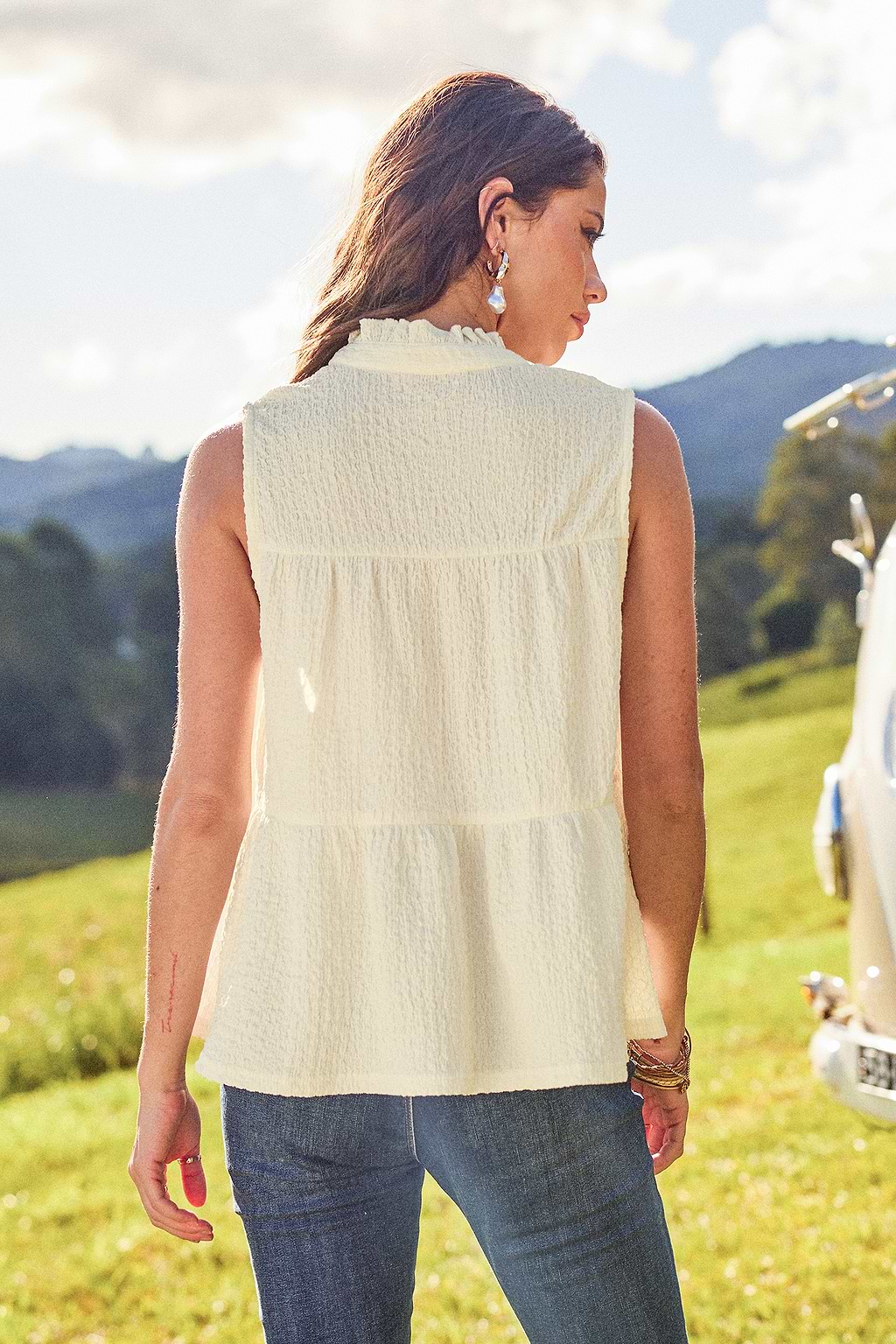 Beige Sleeveless Split Neck Blouse