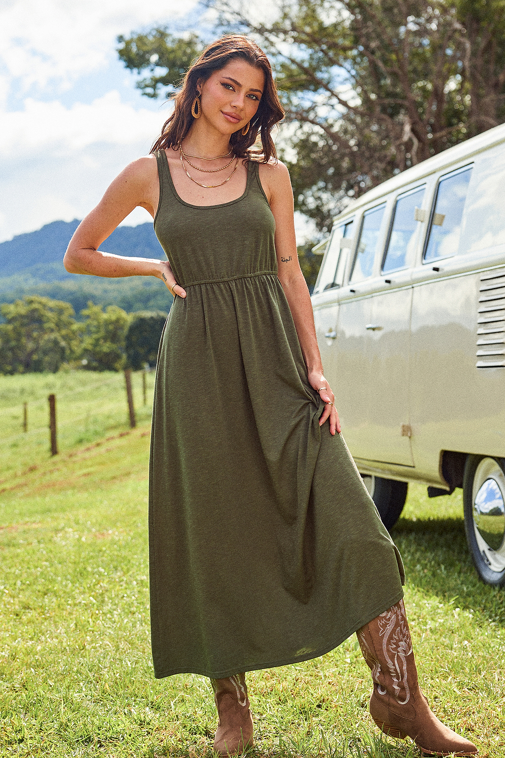 Olive U-Neck Sleeveless Maxi Dress