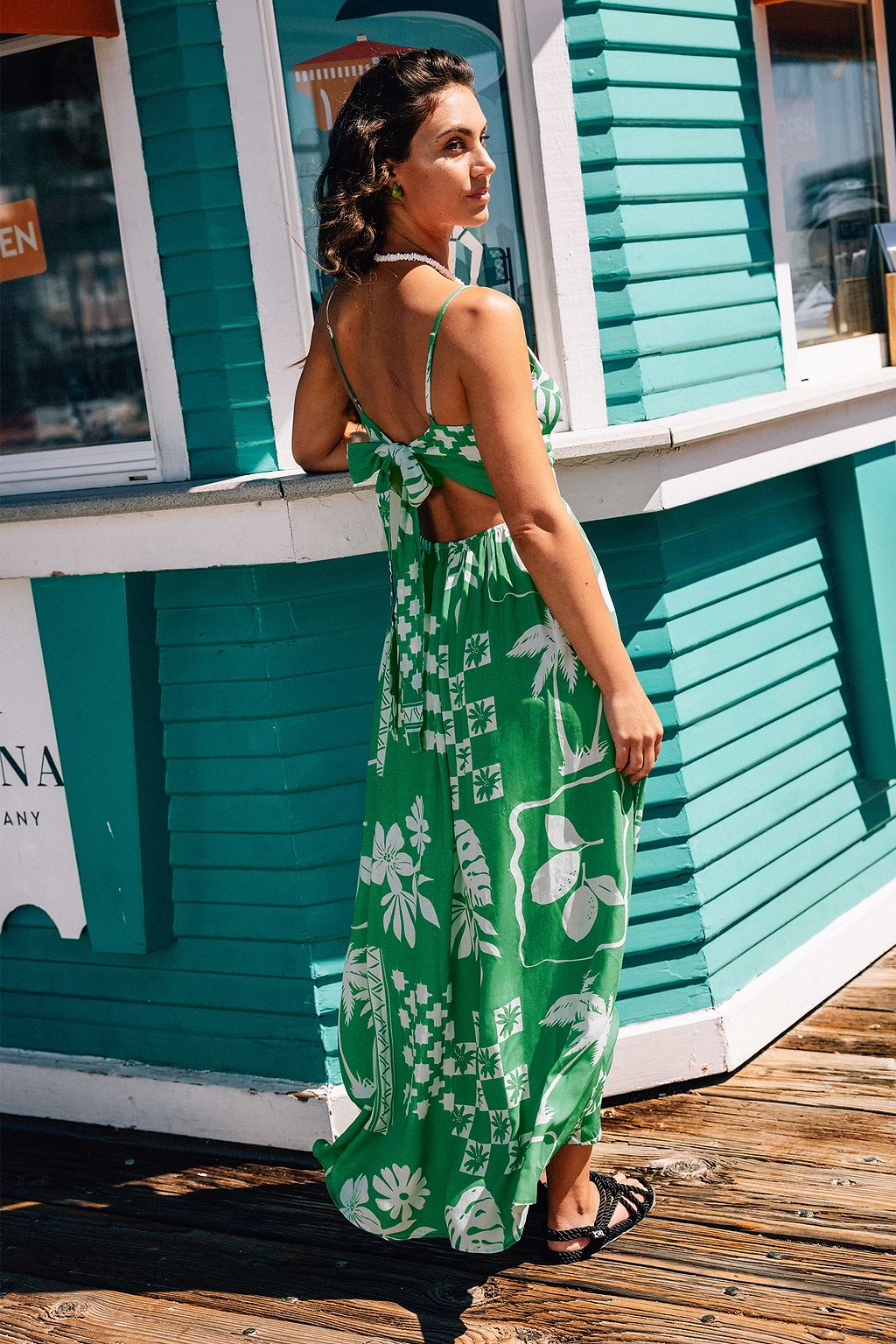 Grünes tropisches Maxikleid mit Sweetheart und Schlüsselloch