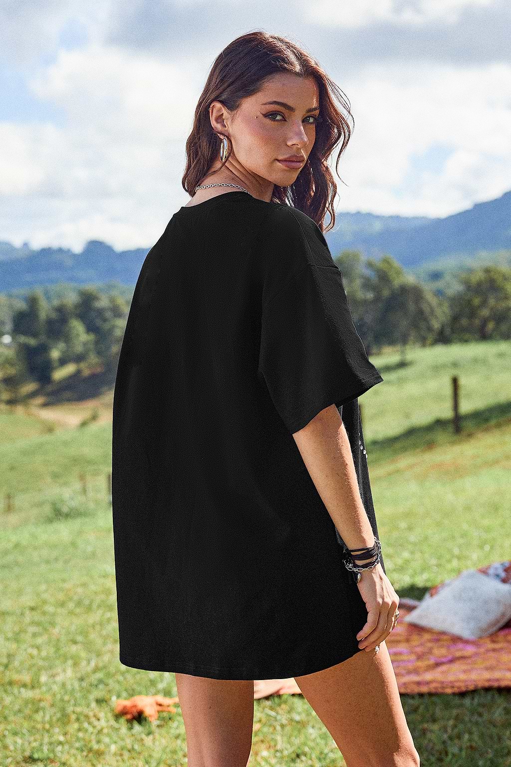 Black Embellished Drop Shoulder Tee
