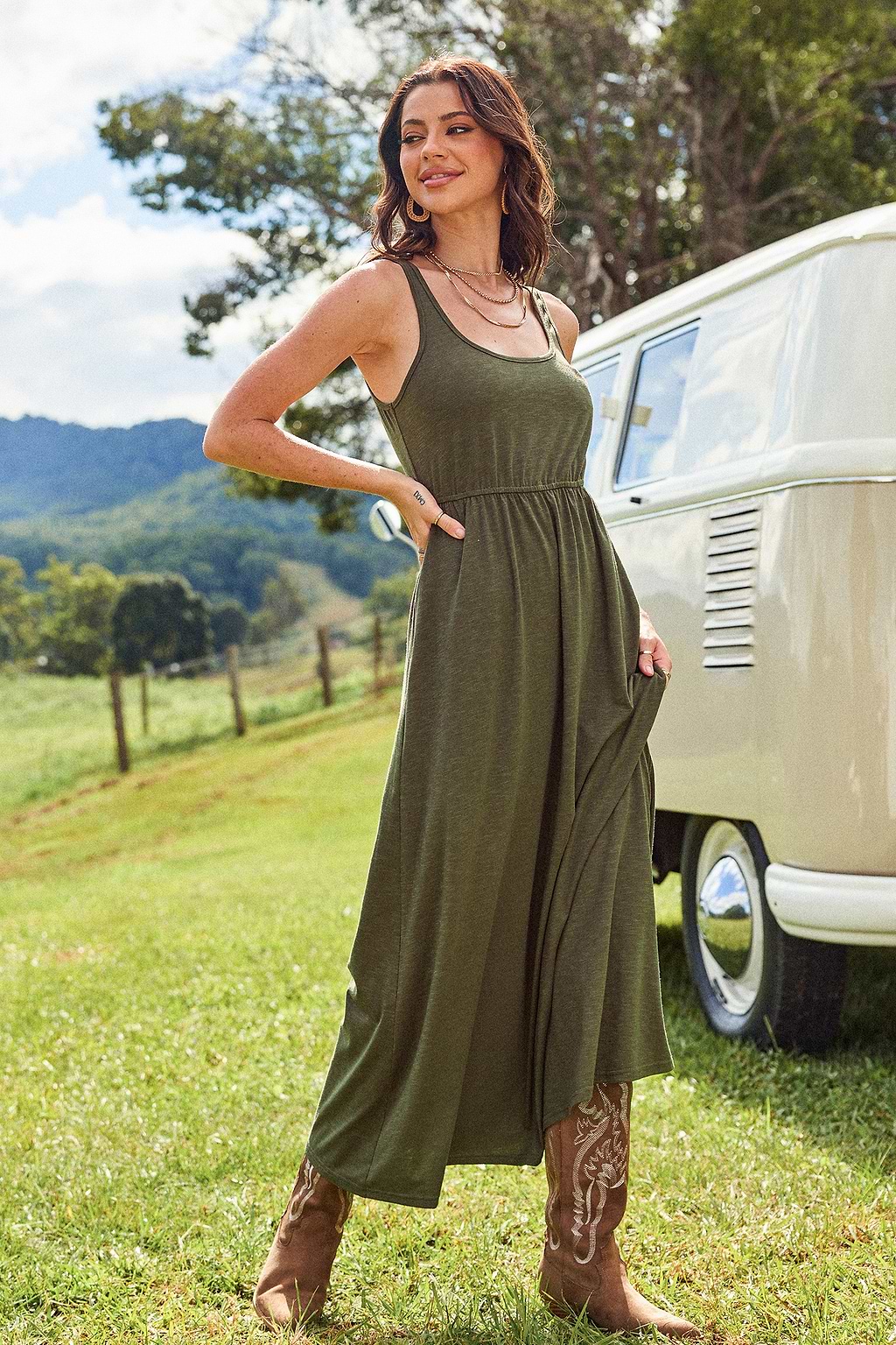 Olive U-Neck Sleeveless Maxi Dress