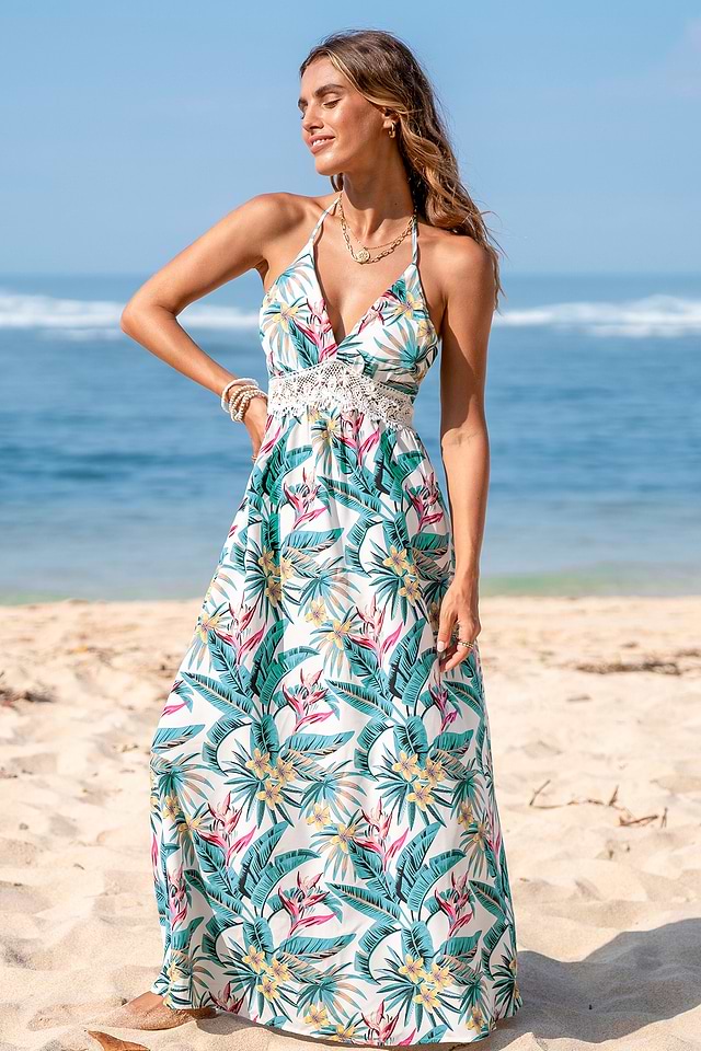 chinese dress ladies Noosa Green Leaf-Print Chiffon Summer Maxi Dress Green / S main image 1