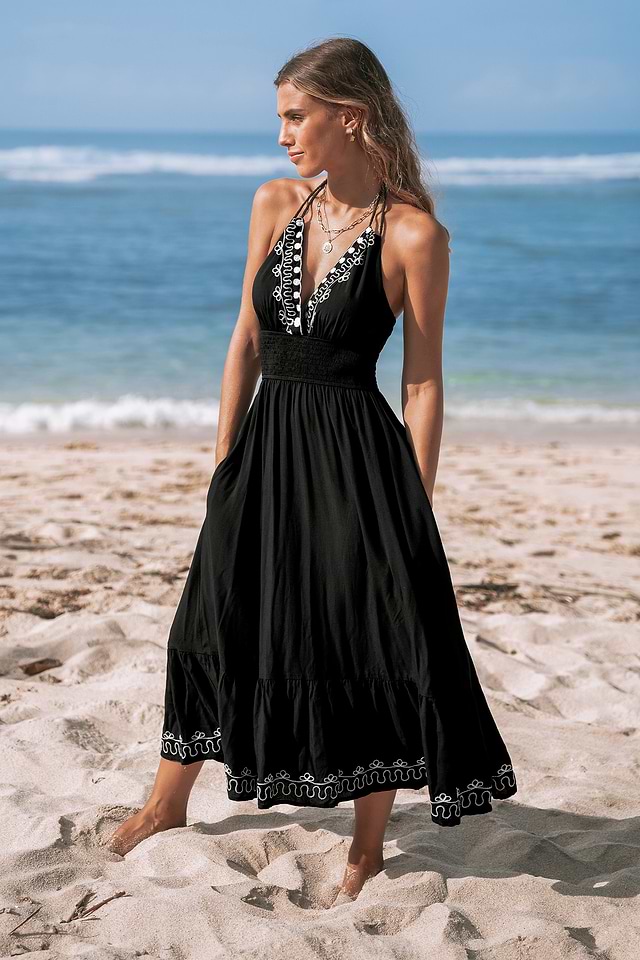 Black Boho Sleeveless Smocked Waist Midi Dress