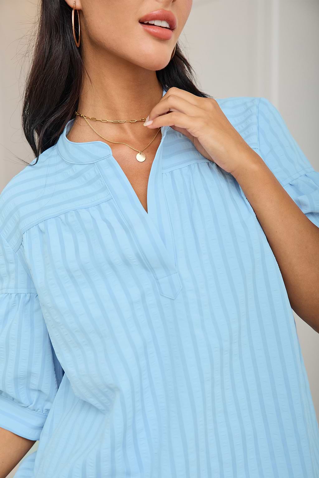 Blue Tonal Striped Puff Sleeve Blouse