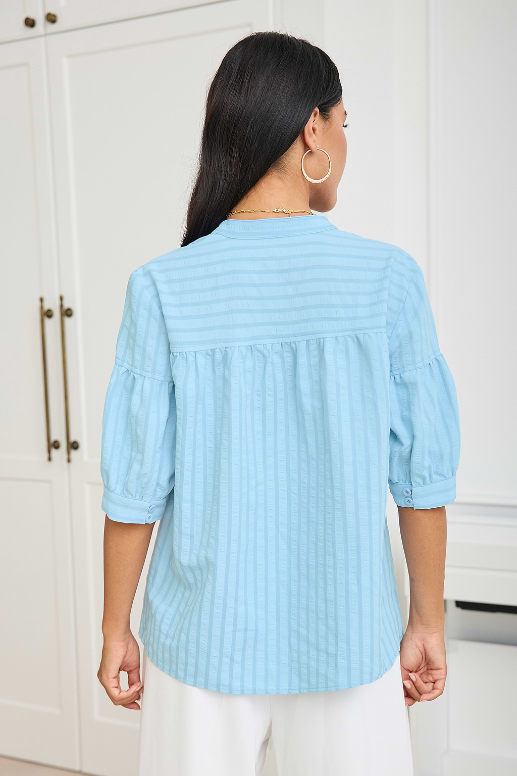 Blue Tonal Striped Puff Sleeve Blouse