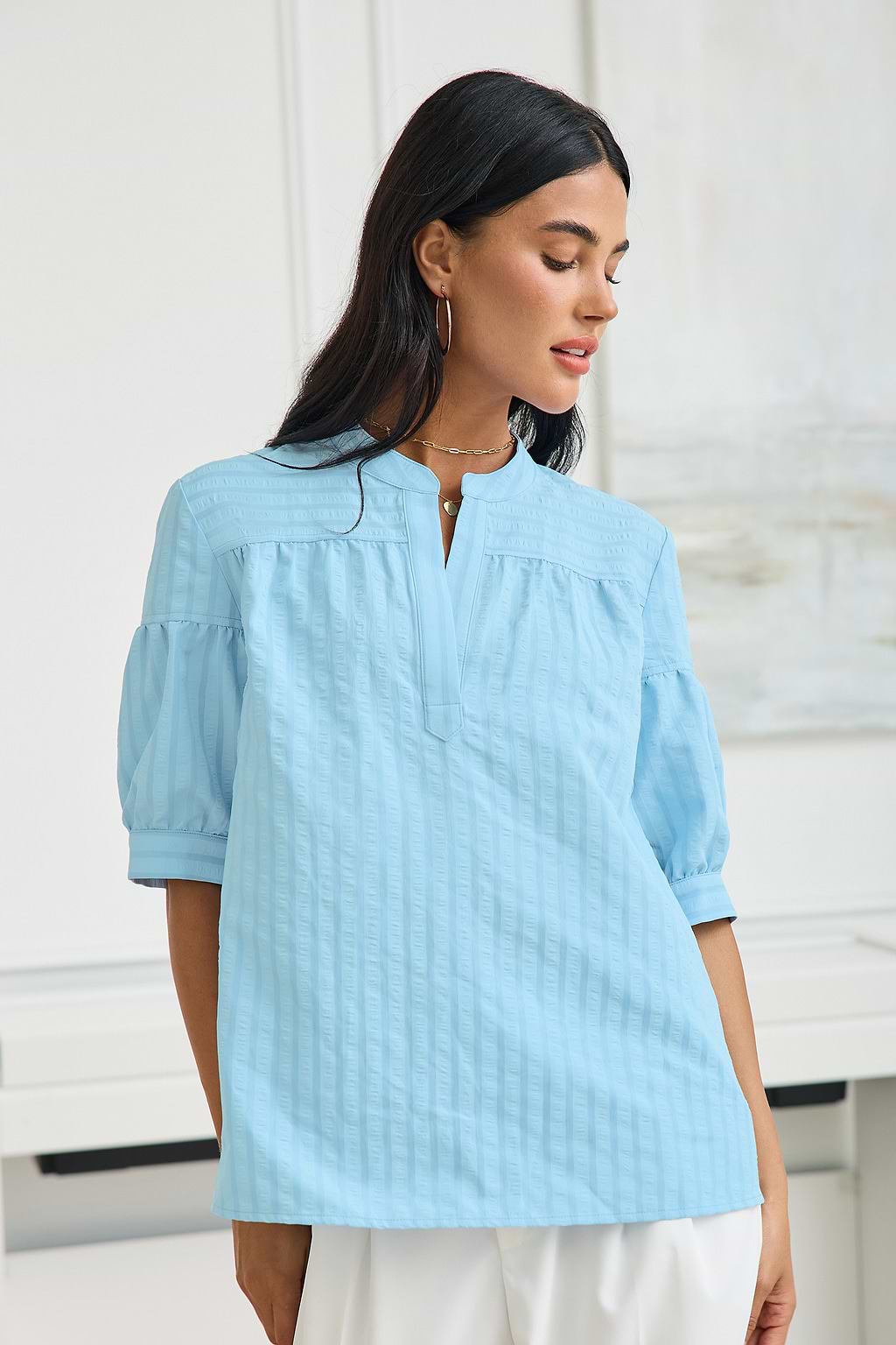 Blue Tonal Striped Puff Sleeve Blouse