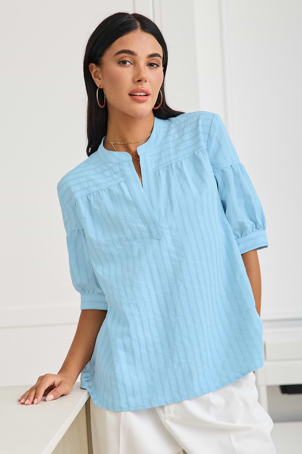 Blue Tonal Striped Puff Sleeve Blouse