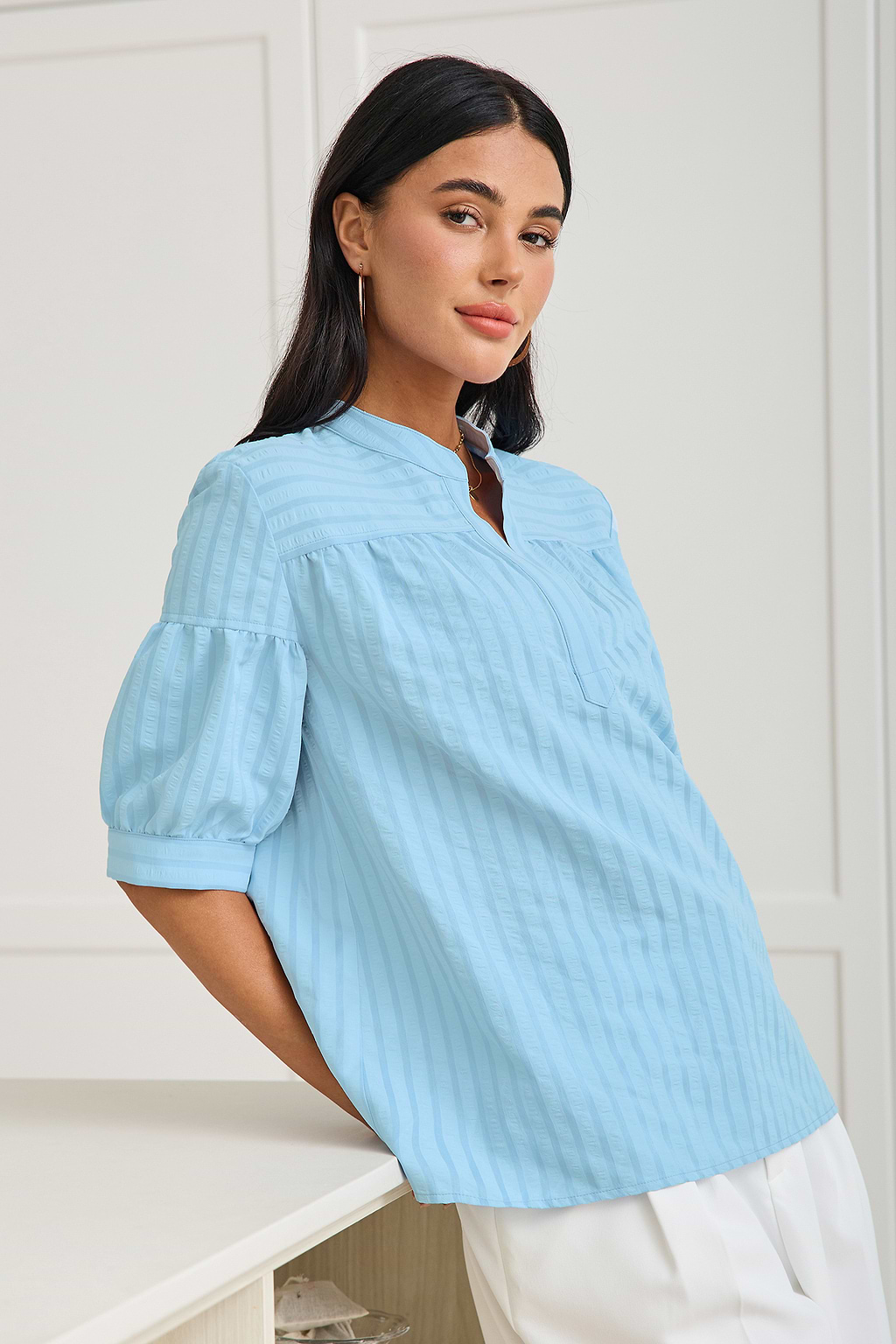 Blue Tonal Striped Puff Sleeve Blouse