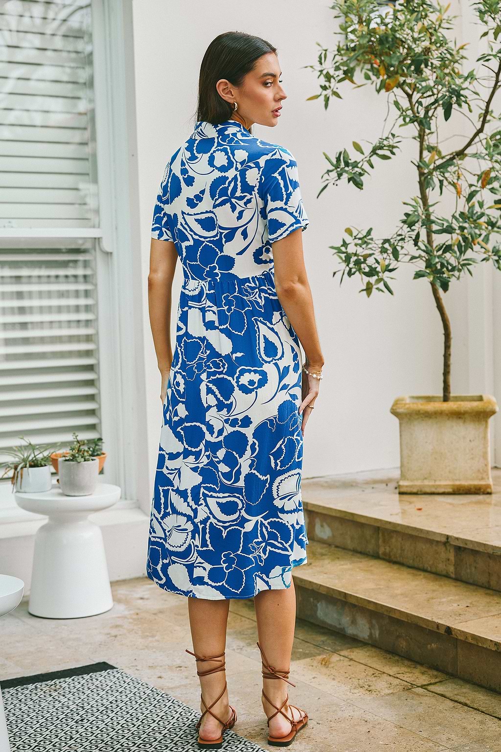 Blue Tropical Floral Collared Midi Shirt Dress