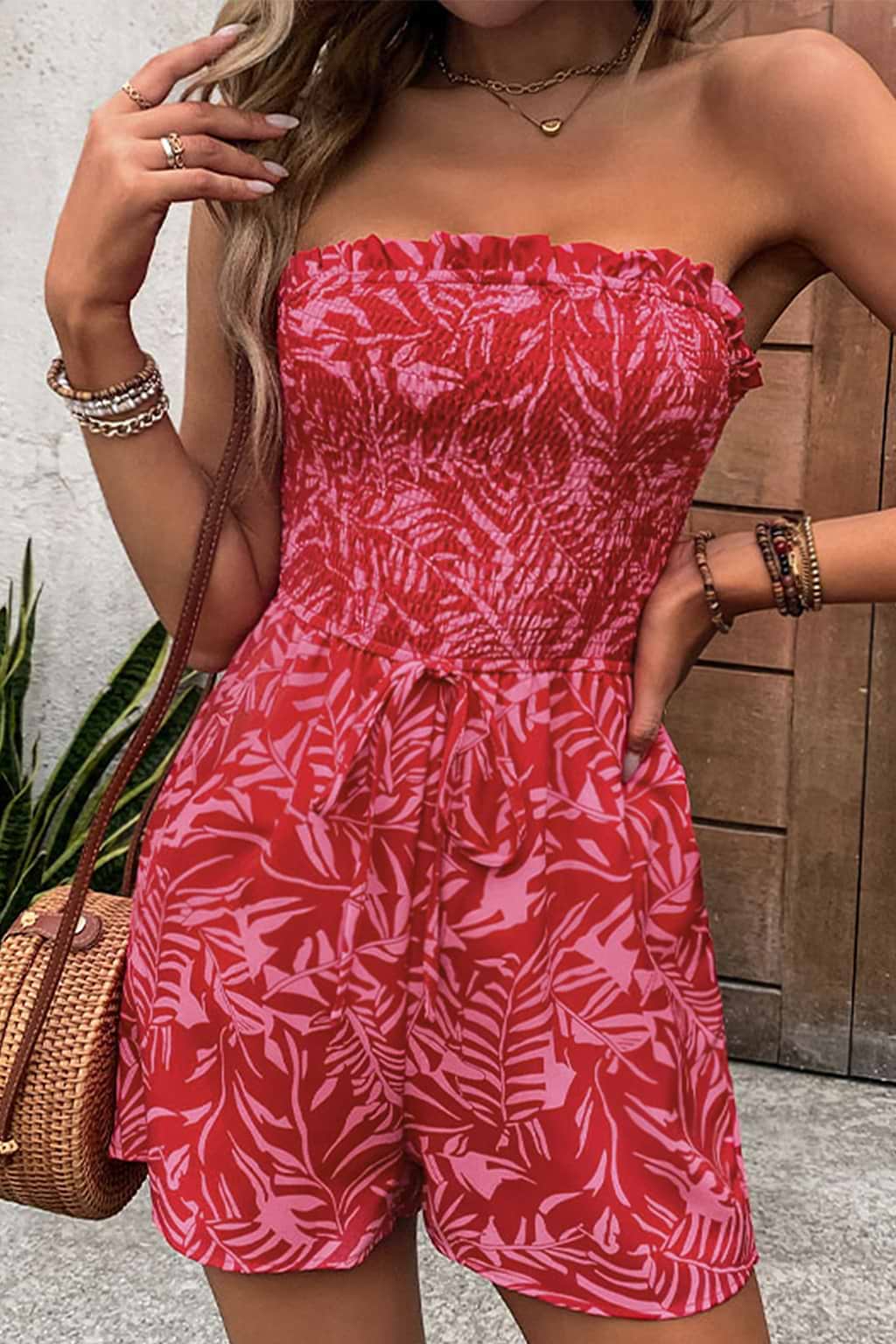 Schlauch-Strampler mit tropischem Blattmuster