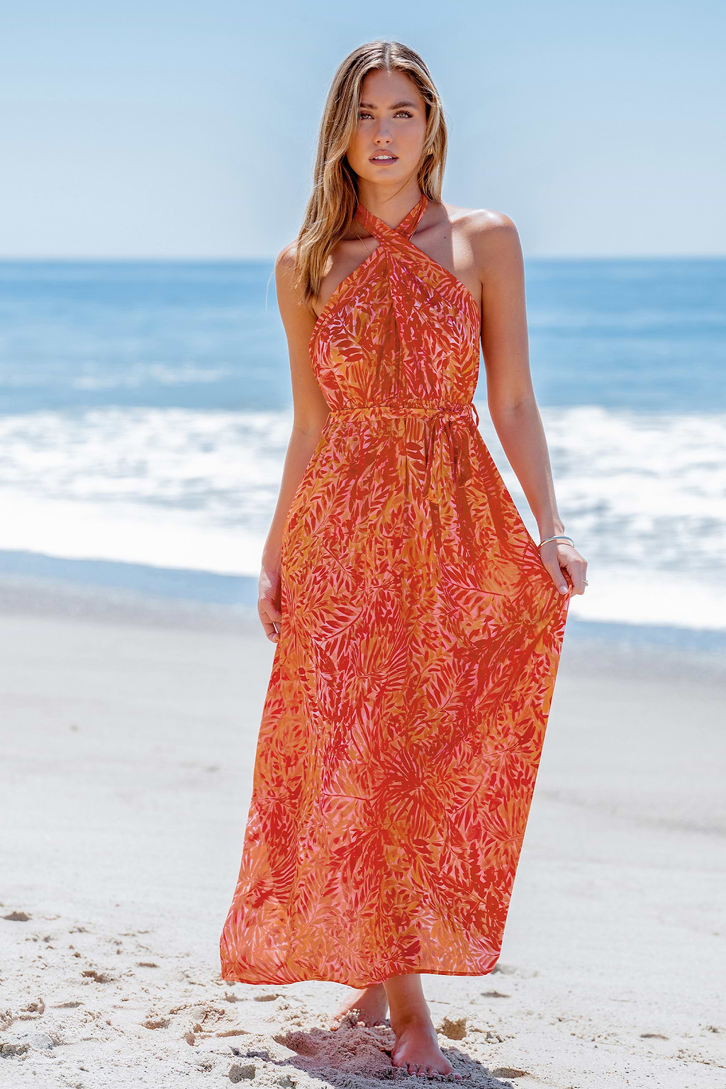 Robe maxi découpée avec ceinture à imprimé feuilles