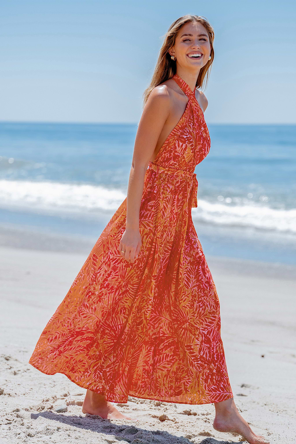 Robe maxi découpée avec ceinture à imprimé feuilles