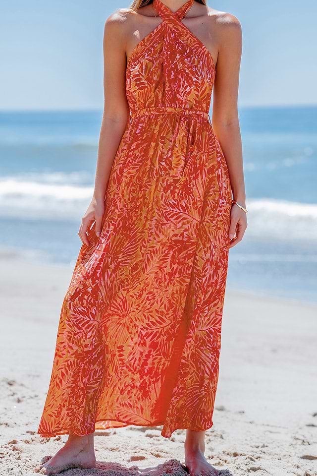 orange leaf print dress Tiered Leaf Print Maxi Dress Orange