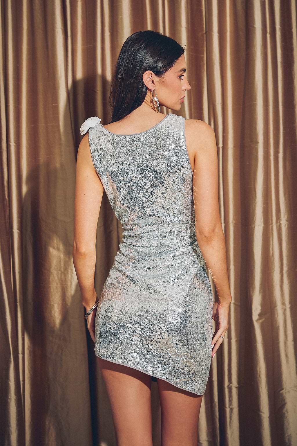 Silver Sequin Sleeveless Cowl Neck Mini Dress