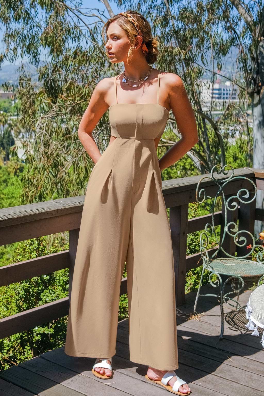 Khaki Sleeveless Square Neck Wide Leg Jumpsuit