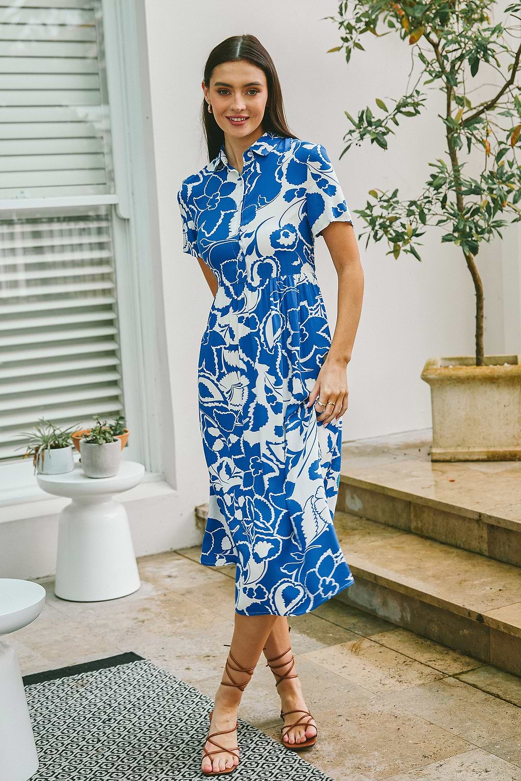 Blue Tropical Floral Collared Midi Shirt Dress