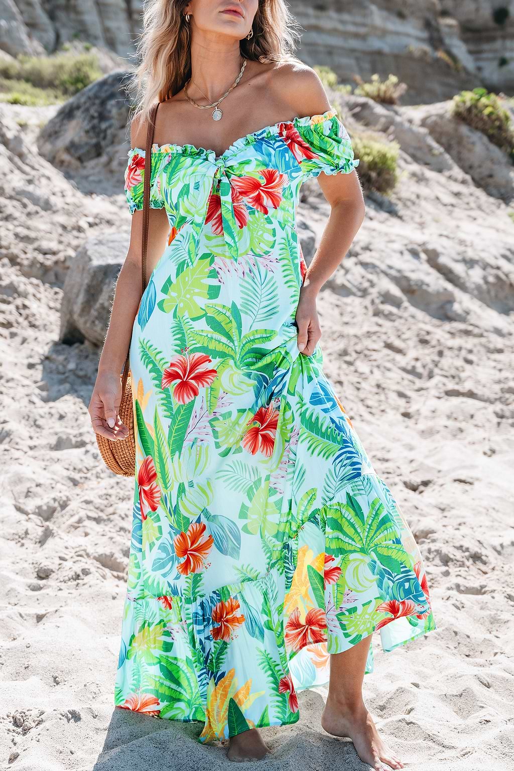 Tropical Leaf Print Ruffled Maxi Dress