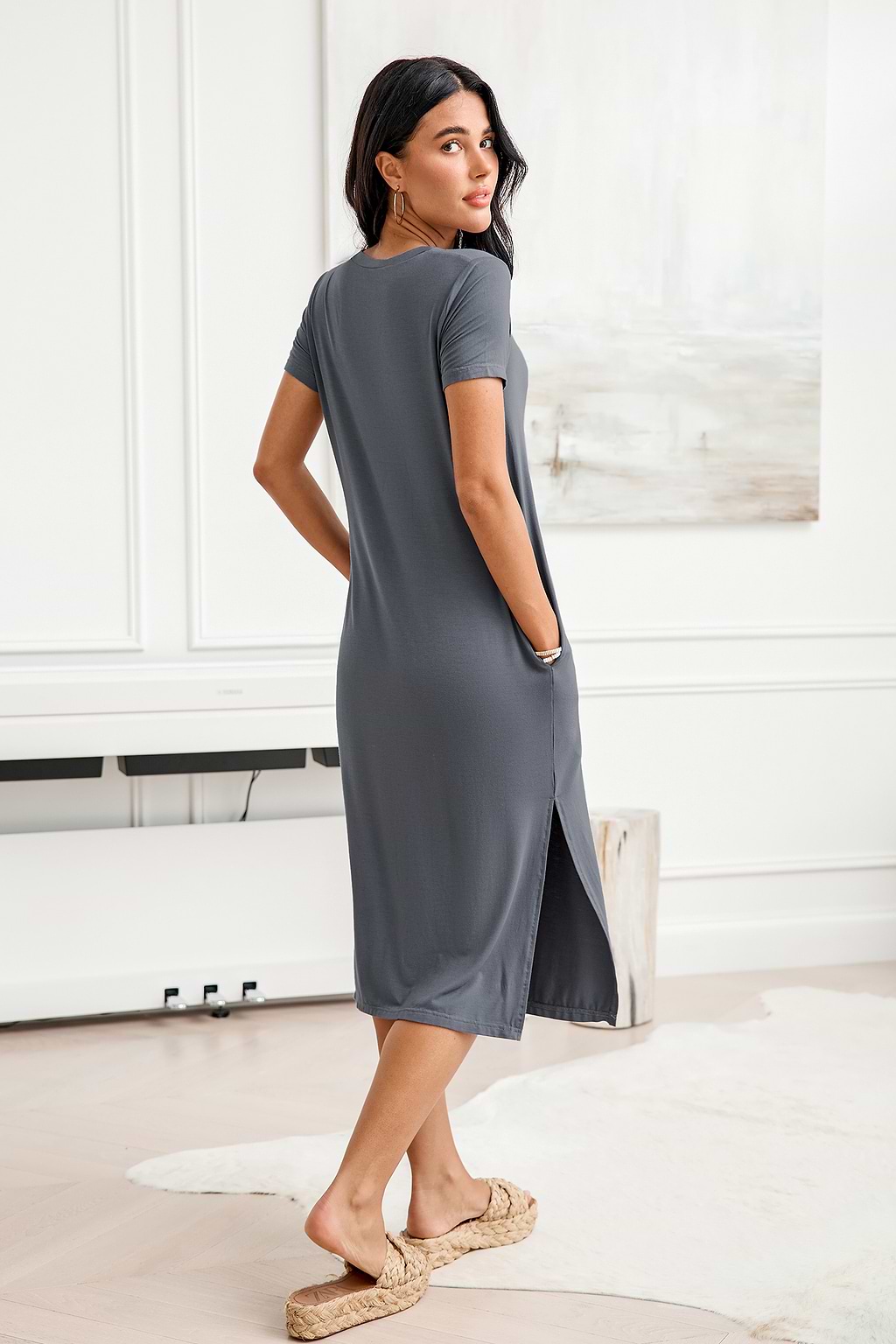 Grey Short Sleeve V-Neck Midi Jersey Dress