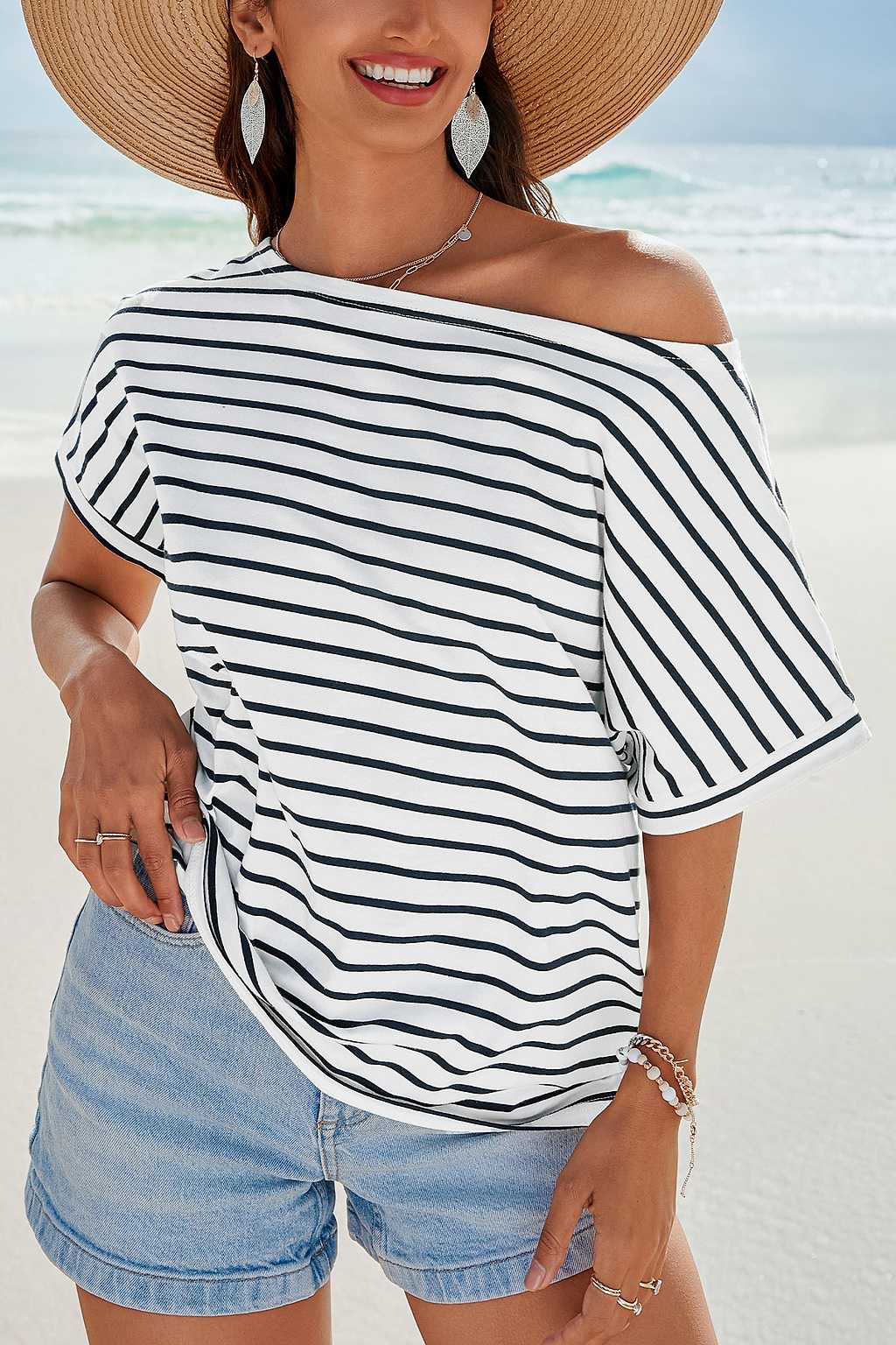 Striped Off-Shoulder Jersey Tee