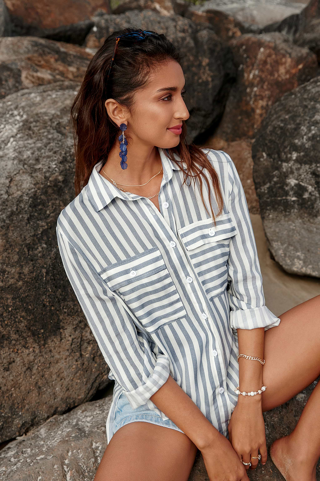 Striped Collared Long Sleeve Cover-Up