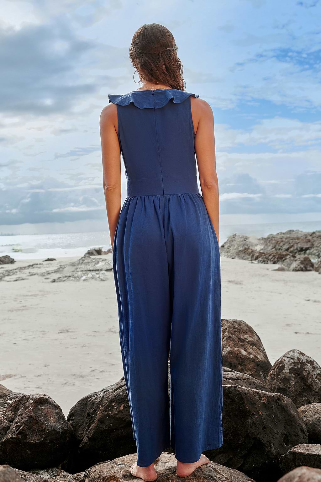 Ruffled V-Neck Wide Leg Jumpsuit