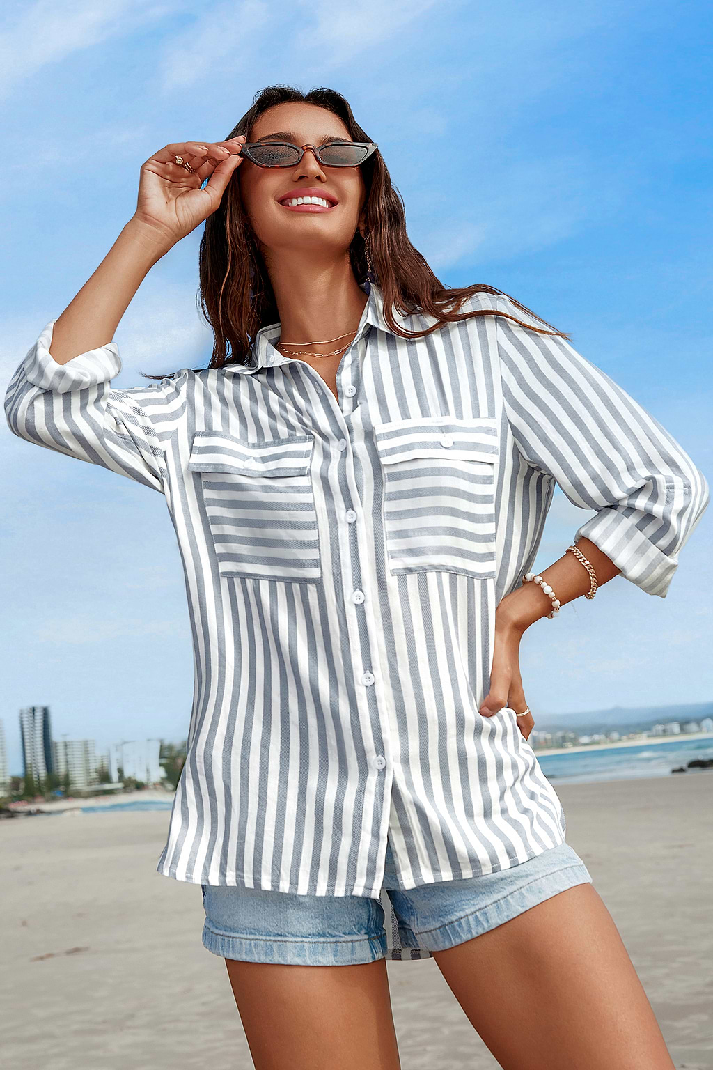 Striped Collared Long Sleeve Cover-Up