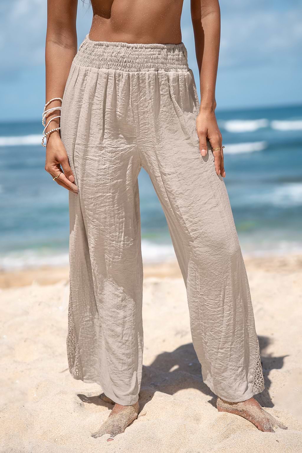 Kaki gesmokte taille cover-up broek