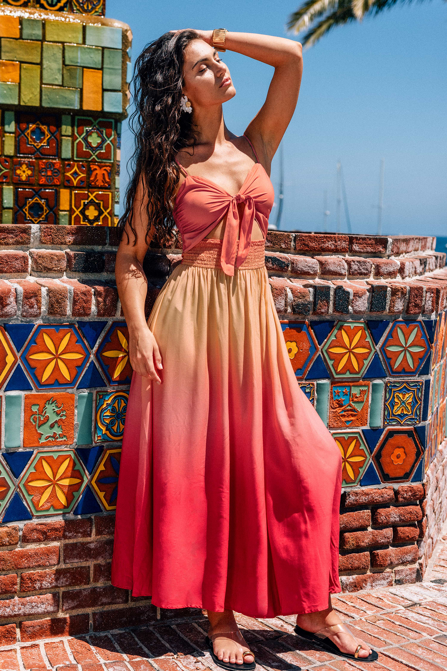 MSW Sunset Gradient Front Tie Sweetheart Maxi Dress