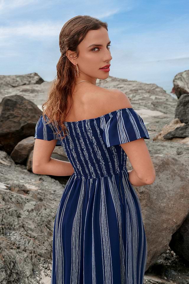 Striped Off-Shoulder Ruffled Maxi Dress