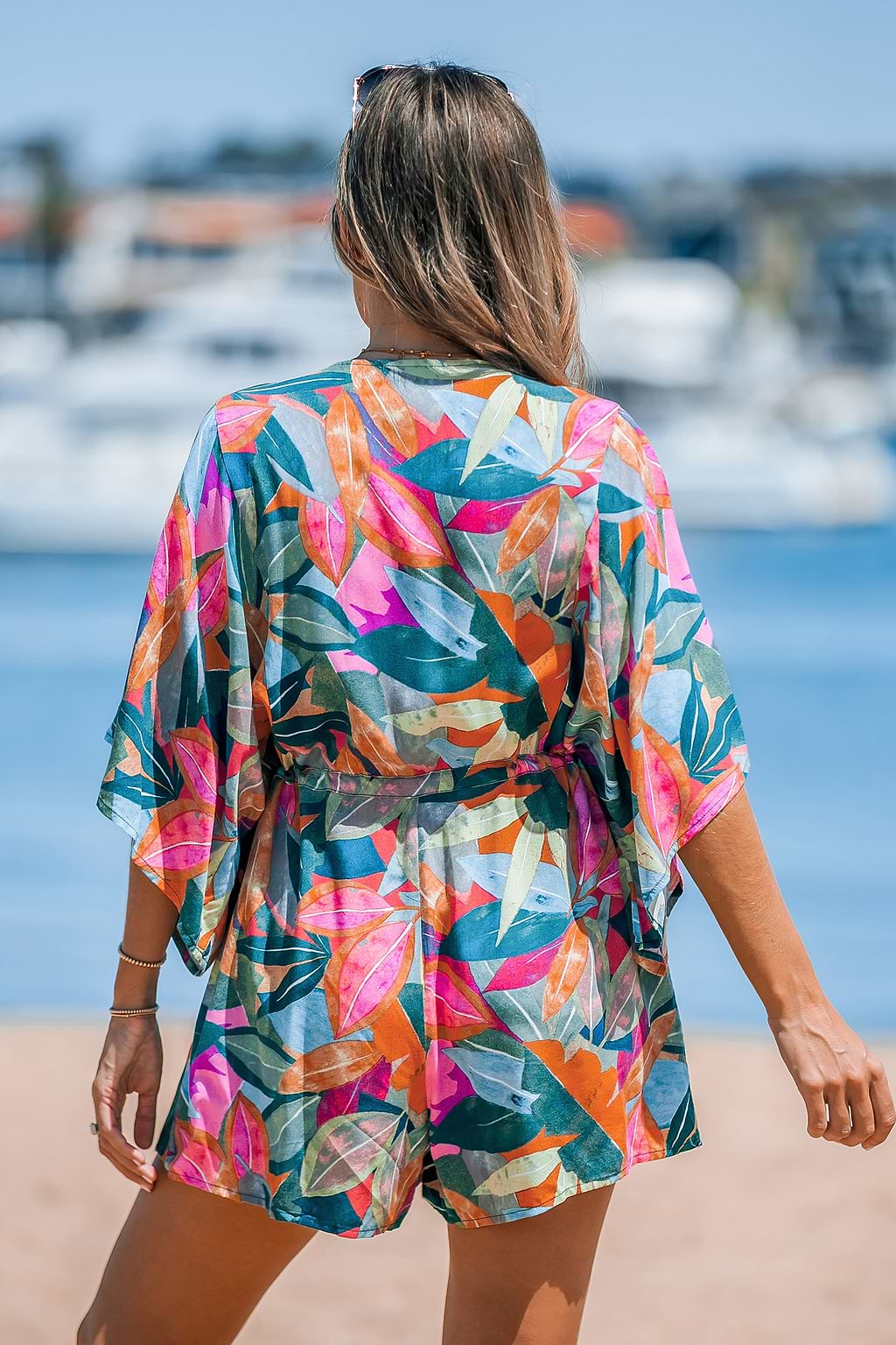 Colorful Leaf Print Drawstring Romper