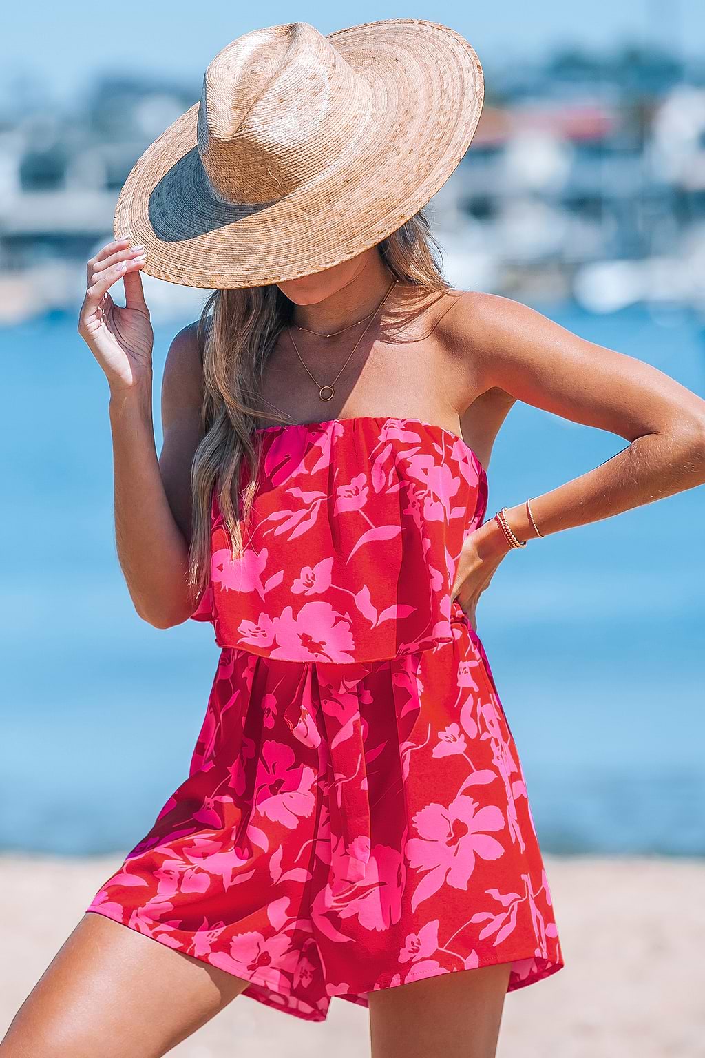 Red Floral Ruffled Tube Romper
