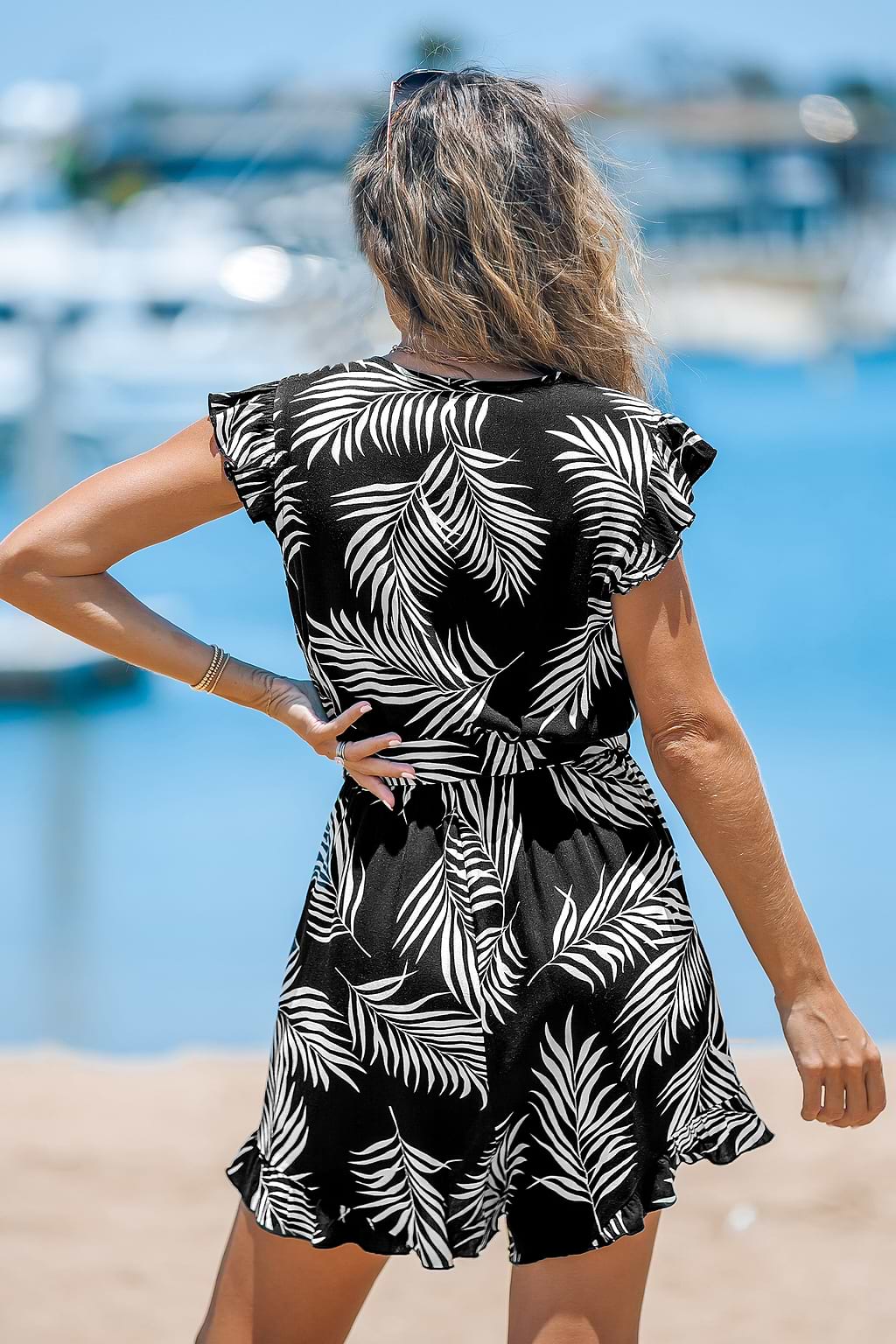 Tropical Leaf Print Belted Romper