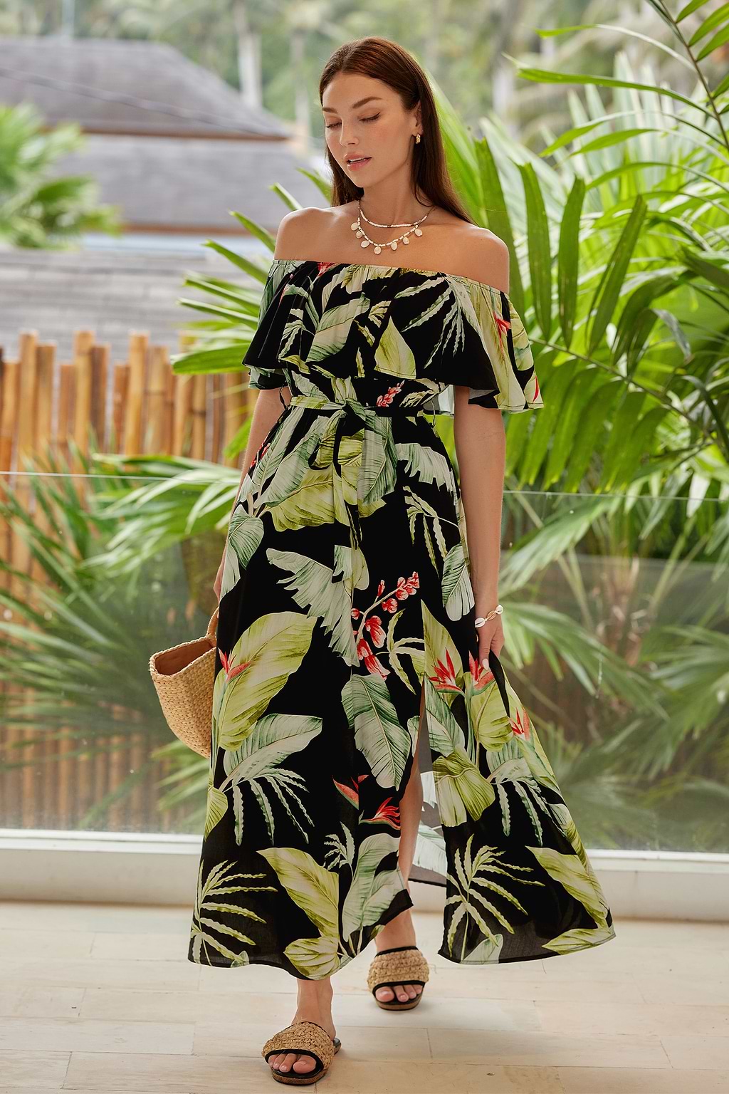 Tropical Print Off-Shoulder Maxi Dress