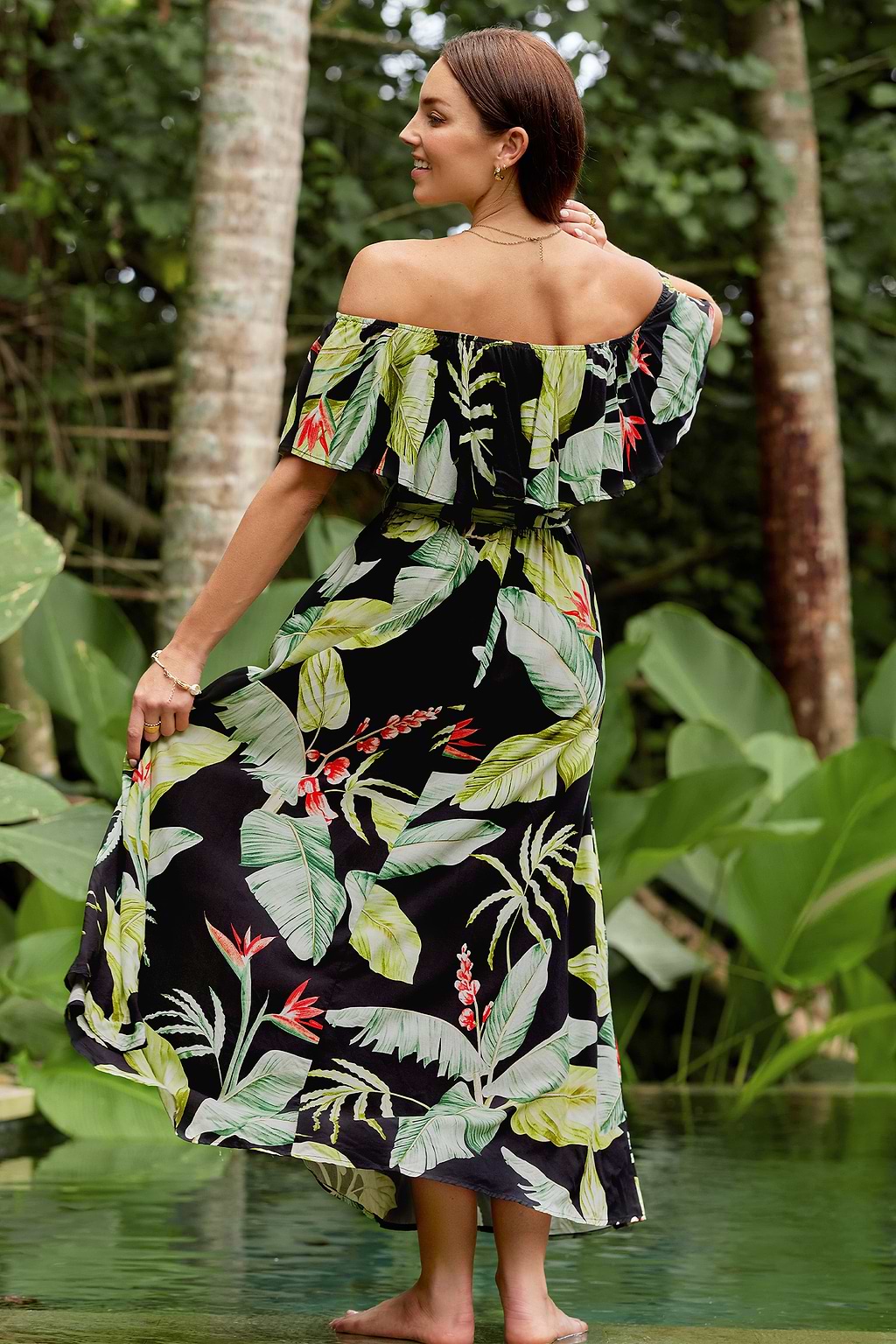 Tropical Print Off-Shoulder Maxi Dress