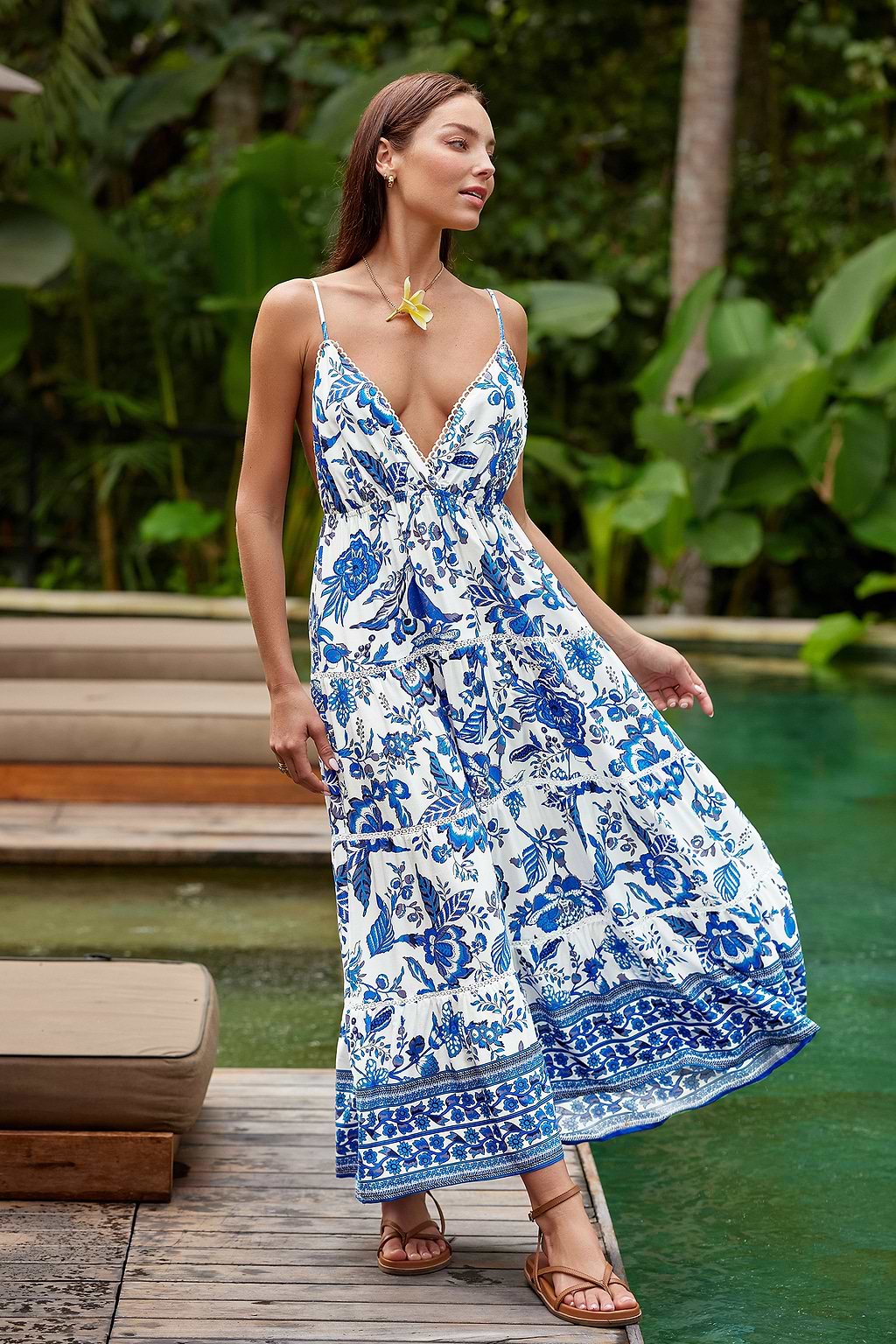 Floral Print Picot Trim Maxi Dress