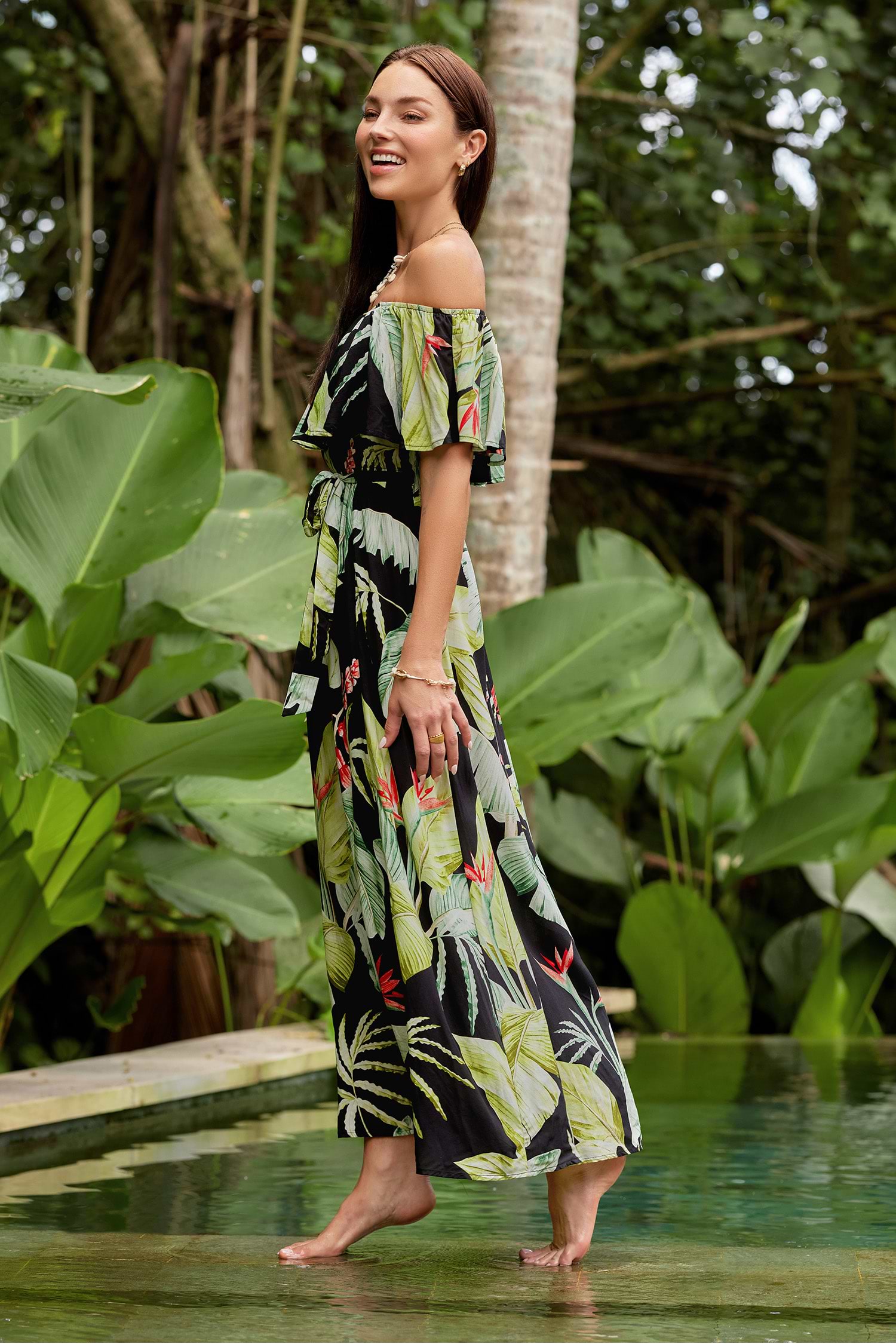 Tropical Print Off-Shoulder Maxi Dress