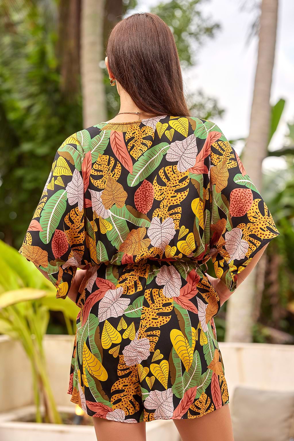 Tropical Leaf Surplice Wide Leg Romper