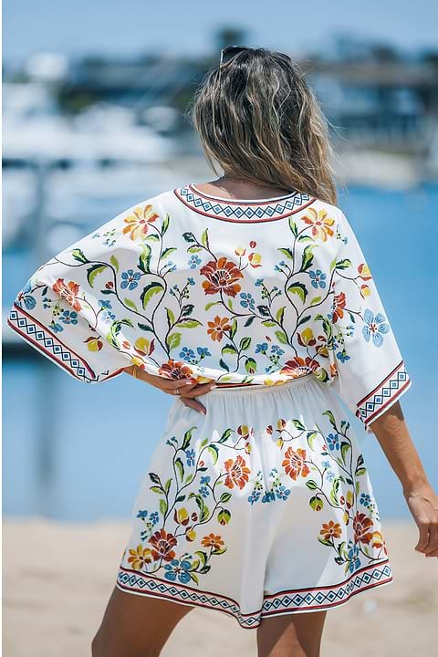 White Floral Surplice Half Sleeve Playsuit
