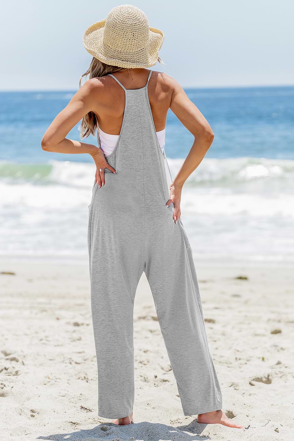 Grey Sleeveless Scoop Neck Loose Leg Jumpsuit
