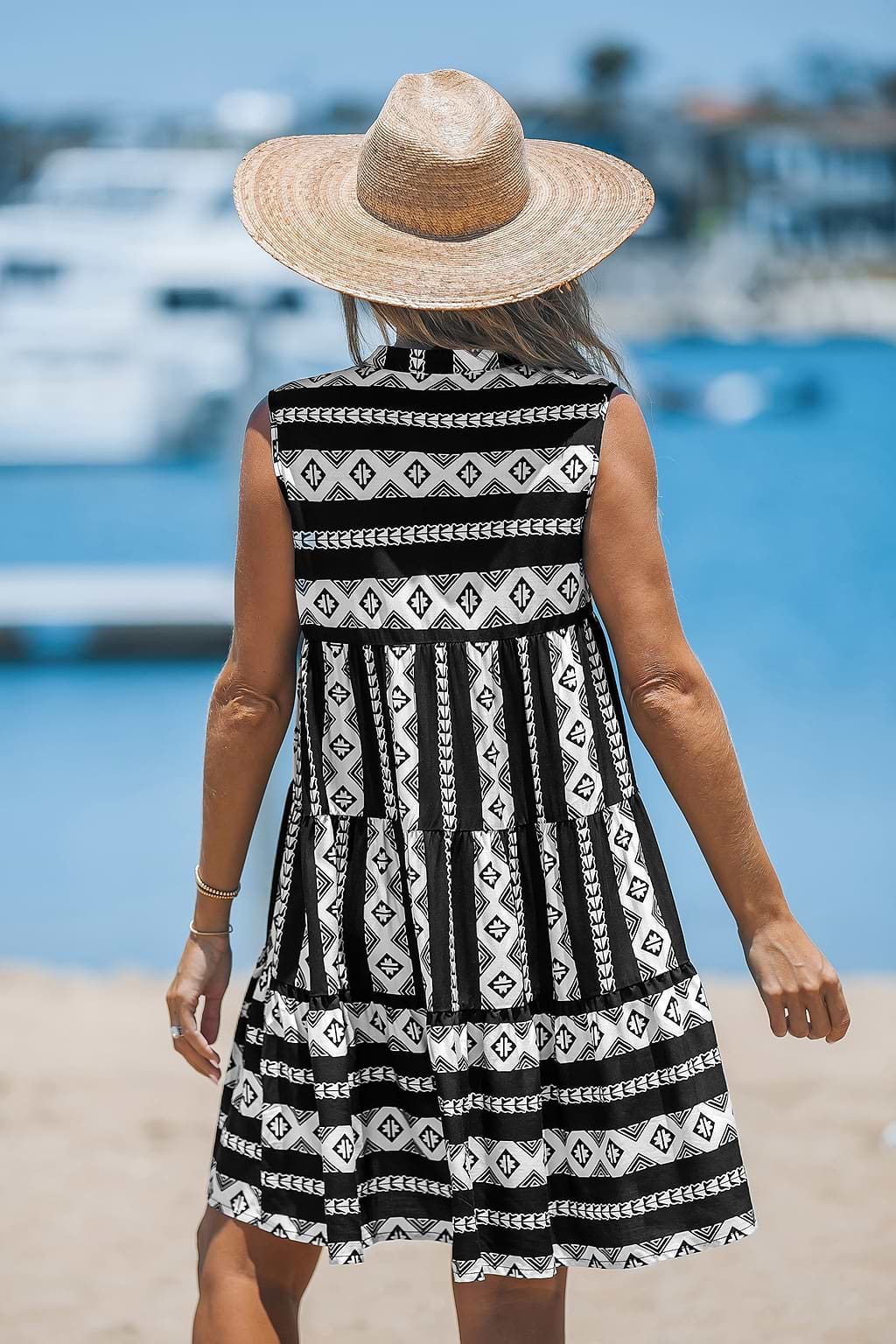 Black & White Boho Striped Sleeveless Mini Dress